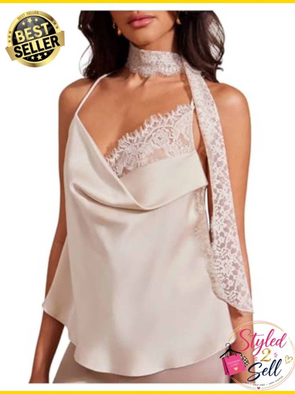 Satin Lace Cowl Neck Camisole Draped Spaghetti Strap Top